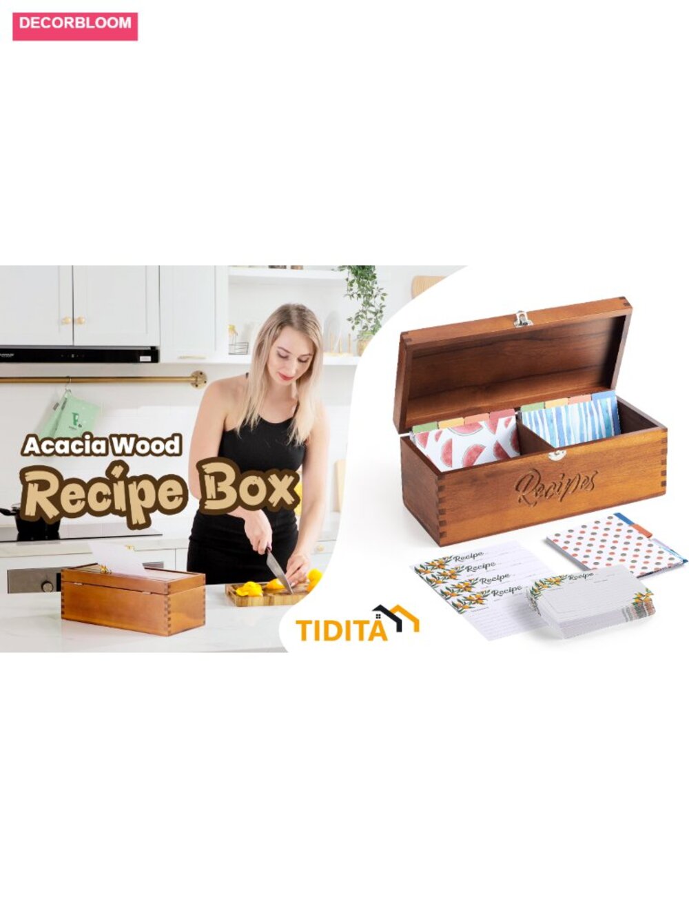 Acacia Wood Large Recipe Box with 100 Cards and 8 Dividers - Picture 6 of 6